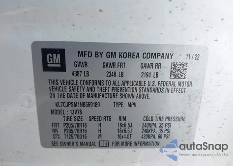 2022 Chevrolet Trax Awd Lt from USA, damaged, VIN KL7CJPSM1NB569189